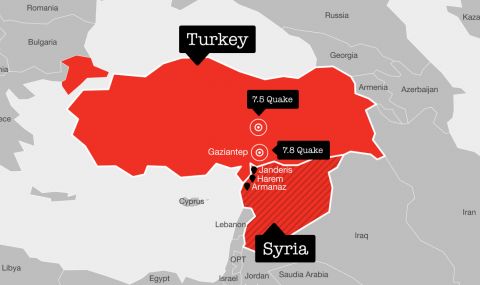 Map of Turkey and Syria showing where the earthquakes hit.