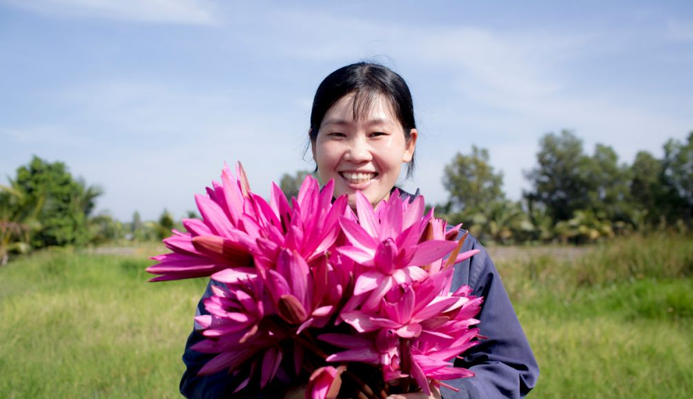Le Thi, 35, gathers 20-30 kg of water lilies twice a week in Kinh Lon village, selling them for VND 4,000 ($0.17) per kilo in Tra Vinh city, Vietnam.