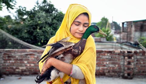 Girl in yellow scarf holding a duck in her hands