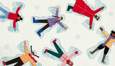 Illustration of women making snow angels in snow, one of our 2026 Christmas card designs