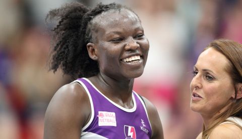 Peace Proscovia playing for the UK-based Loughborough Lightning netball squad