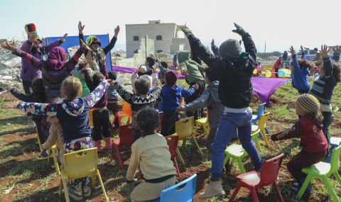 Violet, ActionAid's partner in Syria, are providing psychosocial counselling and emotional support to children through mobile units. This includes puppet shows and play, led by specialist teams.
