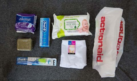 The contents of a sanitary kit that ActionAid distributed to refugee women in Greece. It included sanitary towels, wipes, soap, pants, a toothbrush and toothpaste.