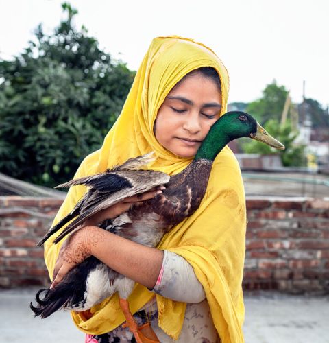Girl in yellow scarf holding a duck in her hands