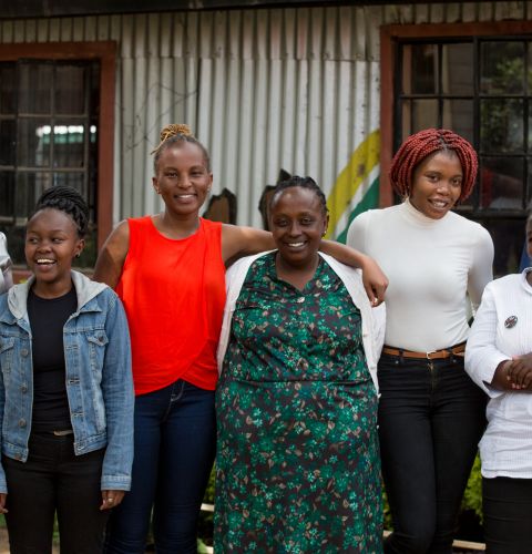 Team shot (L to R Lilian, Kate, Wangu, Aice, Irene. Anastatia, Joshua)of the volunteers and founder of the Wangu Kanja foundation (funded by Action Aid) 