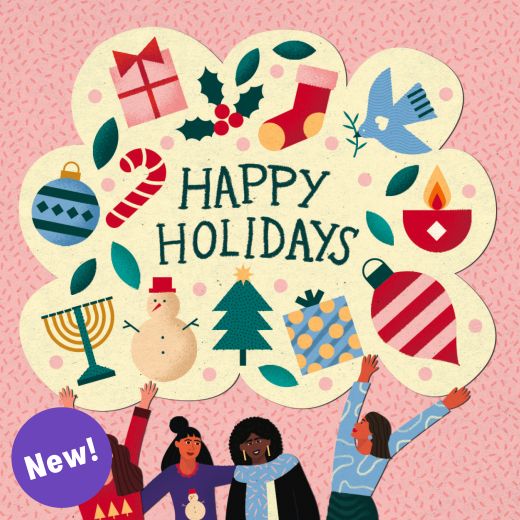 Illustration of women celebrating, Happy Holidays festive card illustrated by Meroo Seth