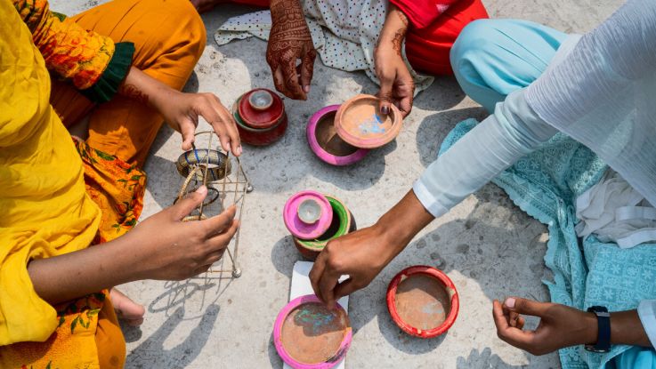 Girls playing on rooftop