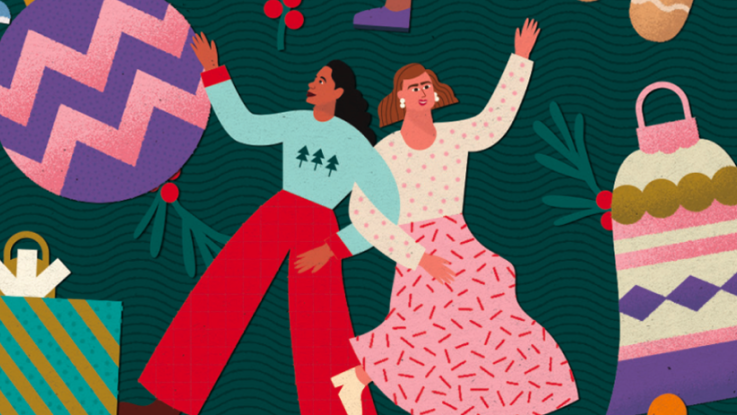 Illustration of women dancing, Baubles and Women festive card illustrated by Meroo Seth