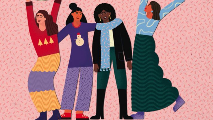 Illustration of women celebrating, Happy Holidays festive card illustrated by Meroo Seth