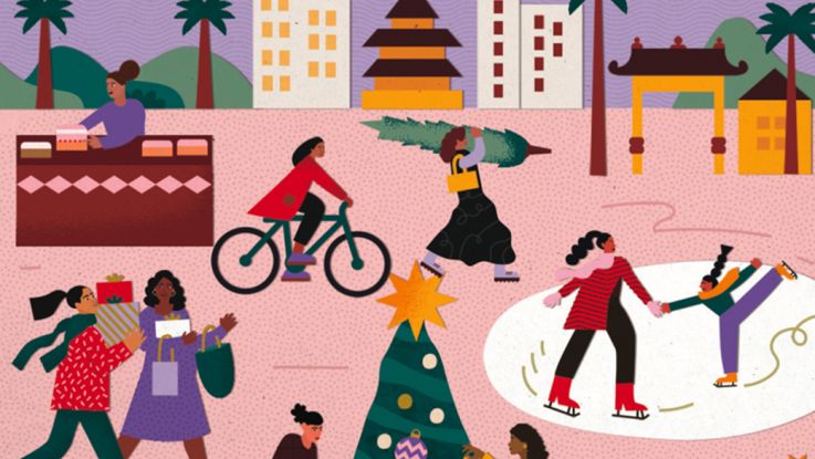 Festive town charity Christmas card by Meroo Seth showing women shopping, iceskating and decorating Christmas trees