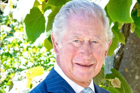 Head and shoulders portrait of ActionAid's Patron HRH The Prince of Wales, wearing a navy suit standing by a tree